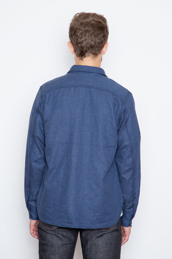 RGT’s classic work shirt, made from a beautifully light 5.5oz navy Japanese shirting. The fabric has a subtle rainbow nep that gives this shirt a ton of character, especially the closer you get!