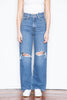 This jean has an ultra-high rise with a classic medium blue washthat features two rips over the lower thighs. 