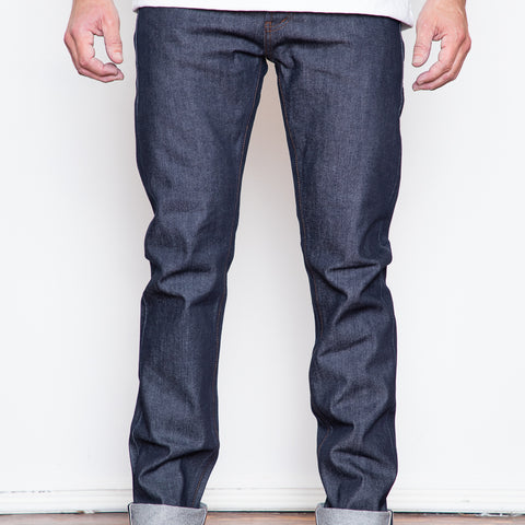 The Unbranded "UB201" is a great tapered fit. Roomy in the seat and thigh and tapered through the leg to a narrow leg opening. This fit will work on most body types, and the 14.5oz Indigo selvedge fabric promises good fades and more durability than a lighter fabric.