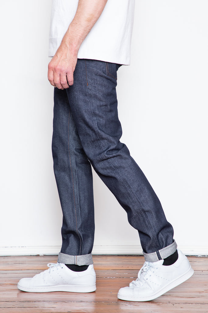 The Unbranded "UB201" is a great tapered fit. Roomy in the seat and thigh and tapered through the leg to a narrow leg opening. This fit will work on most body types, and the 14.5oz Indigo selvedge fabric promises good fades and more durability than a lighter fabric.